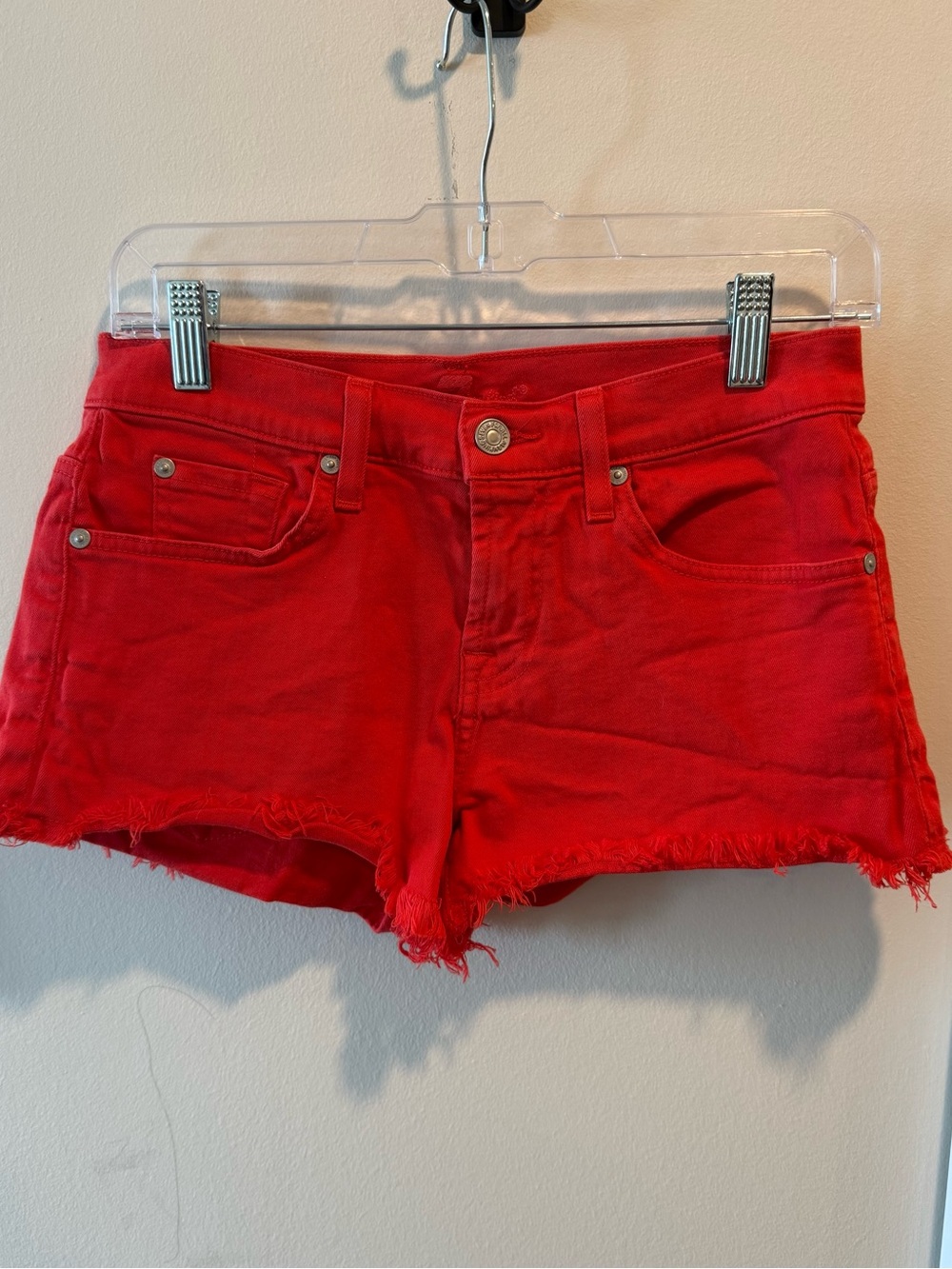 7 For All Mankind Red Denim Frayed Hem Jean Shorts Size 25